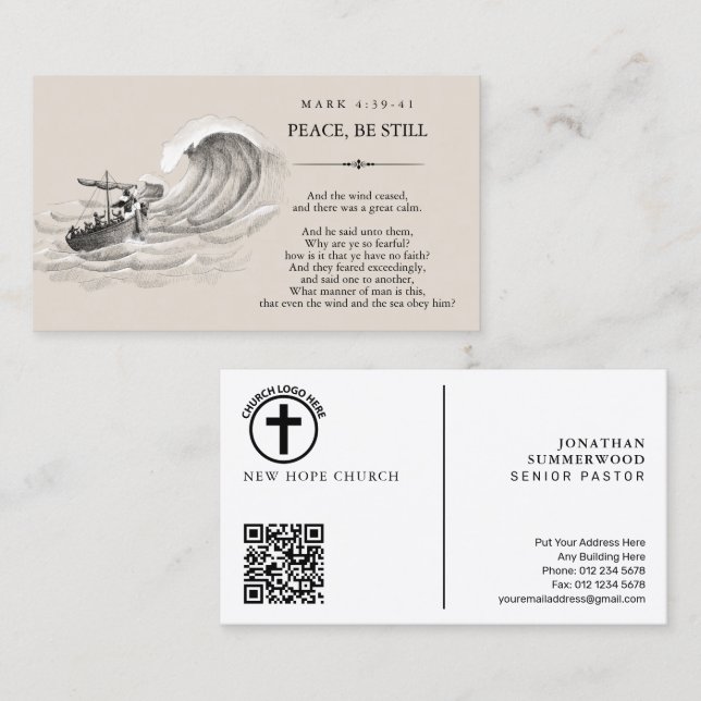 Mark 4:39-41 Pastor Business Card with QR Code (Front/Back)