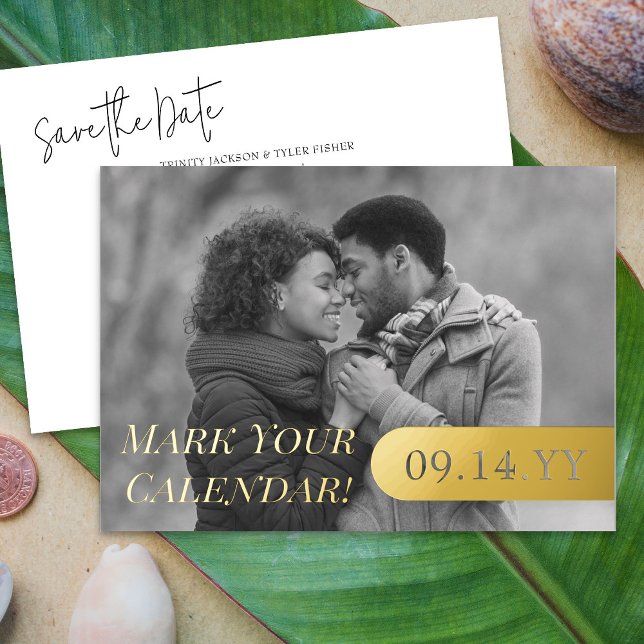 Mark your Calendar B&W Photo Wedding Save the Date (Luxury Gold Foil .. Wedding Save the Date Card with Black and White Photo)