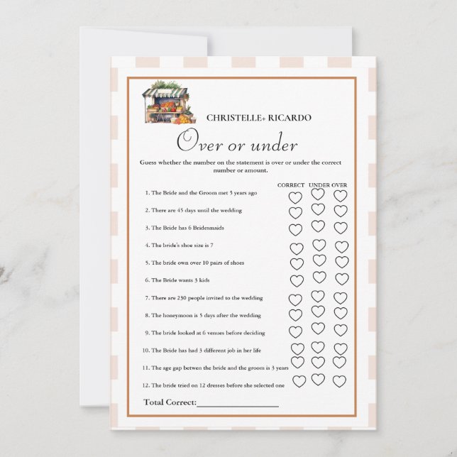 Market Over or under bridal shower game Card (Front)