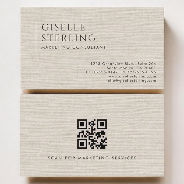 Marketing Consultant Luxury Neutral Linen QR Code Business Card (Creator Uploaded)