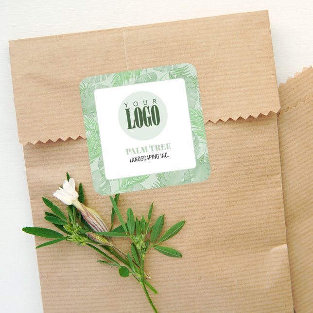 Marketing Logo Palm Leaves  Square Sticker (Business label sticker with palm leaves and your logo. )