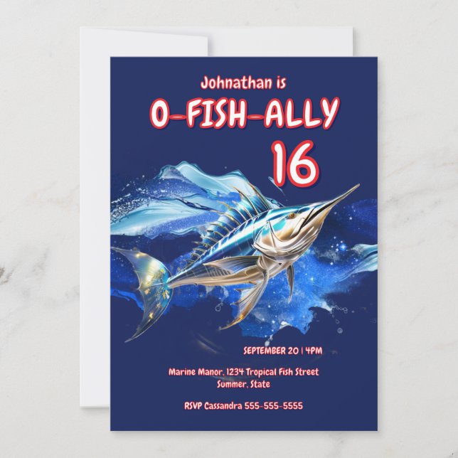 Marlin deep sea fishing boys theme party invitation (Front)