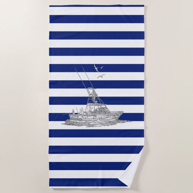 Marlin Fishing Chrome on Nautical Stripes Decor Beach Towel (Front)