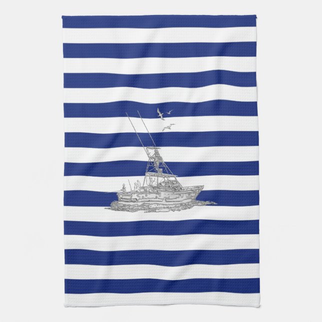 Marlin Fishing Chrome on Nautical Stripes Tea Towel (Vertical)