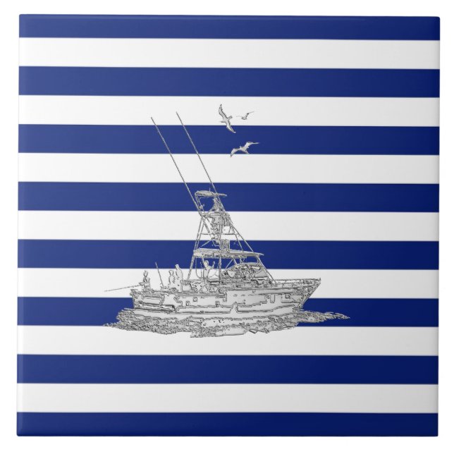 Marlin Fishing Chrome on Nautical Stripes Tile (Front)