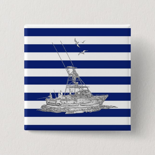 Marlin Fishing Chrome on Navy Stripes 15 Cm Square Badge (Front)