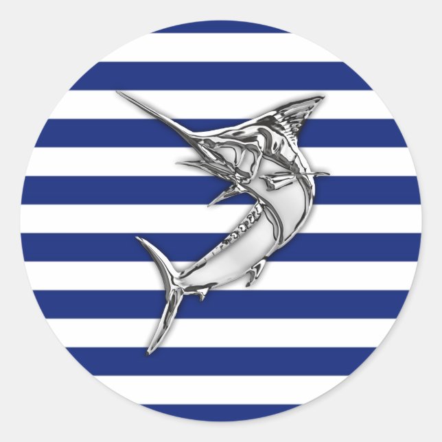 Marlin Swordfish Chrome Style on Nautical Stripes Classic Round Sticker (Front)