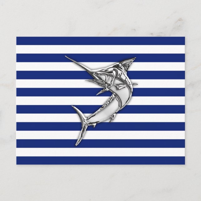 Marlin Swordfish Chrome Style on Nautical Stripes Postcard (Front)