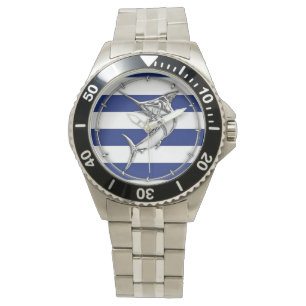 Marlin Swordfish on Nautical Blue Stripes Watch