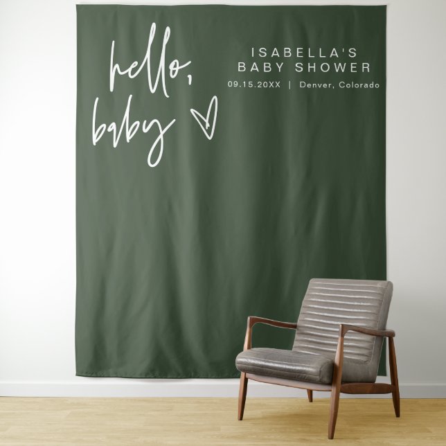 MARLO Boho Hello Forest Green Baby Shower Tapestry (In Situ)
