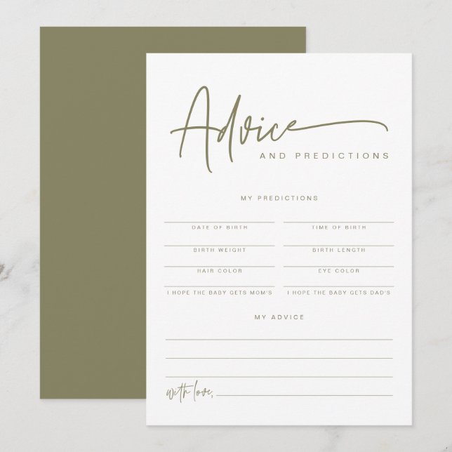 MARLO Boho Olive Green Baby Advice & Predictions  Invitation (Front/Back)
