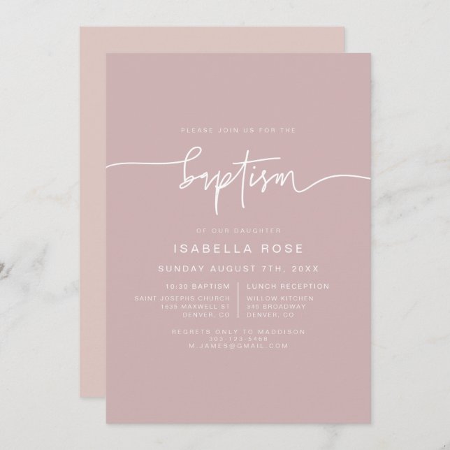 MARLO Dusty Rose Boho Pink Baptism Invitation (Front/Back)