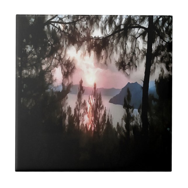 Marmaris Sunset Framed By Palm Trees Landscape Art Tile (Front)