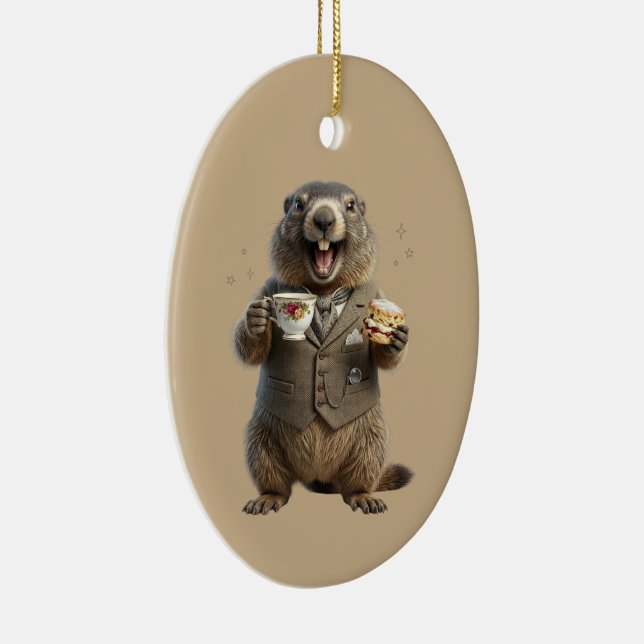 Marmot Drinking Tea Ceramic Tree Decoration (Right)