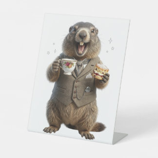 Marmot Drinking Tea Pedestal Sign