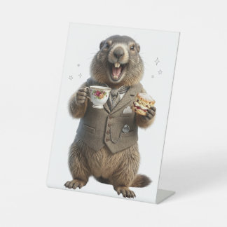 Marmot Drinking Tea Pedestal Sign