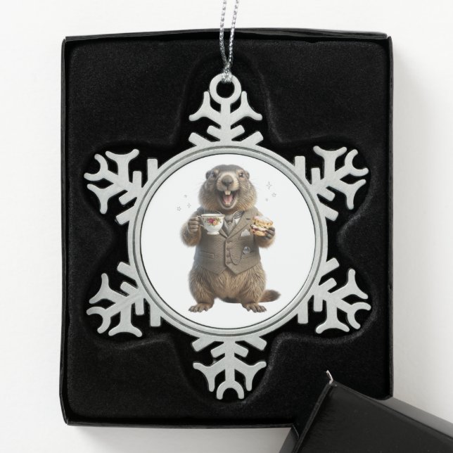 Marmot Drinking Tea Snowflake Pewter Christmas Ornament (Box)