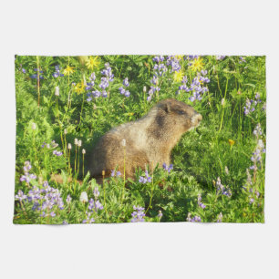 Marmot in Mount Rainier Wildflowers Tea Towel