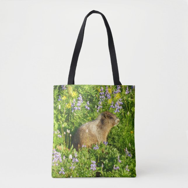 Marmot in Mount Rainier Wildflowers Tote Bag (Front)