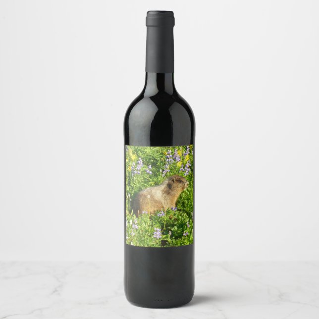 Marmot in Mount Rainier Wildflowers Wine Label (Front)