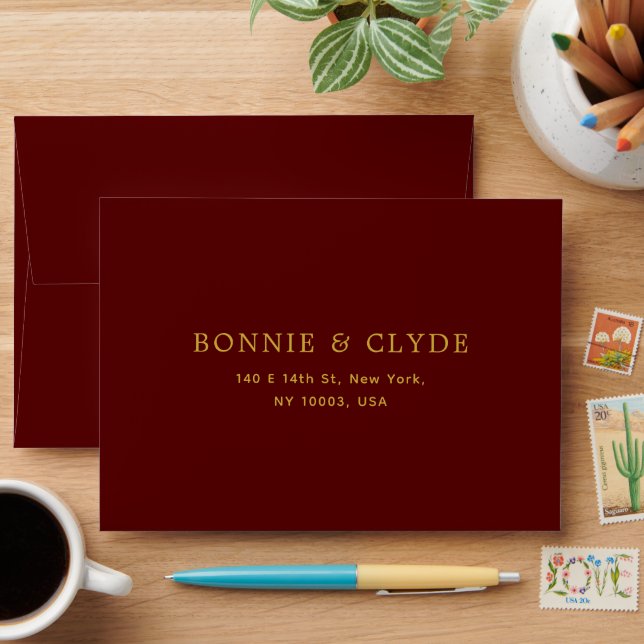 Maroon A7 Wedding RSVP Envelope with Address (Desk)