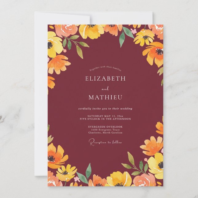 Maroon Amber Wildflower Wedding Invitation (Front)