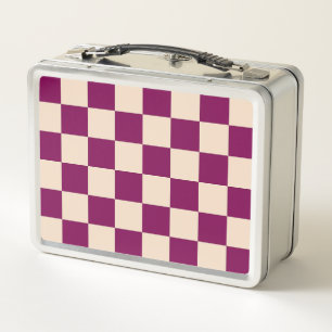 Maroon and beige checkerboard pattern metal lunch box