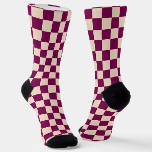 Maroon and beige checkerboard pattern socks