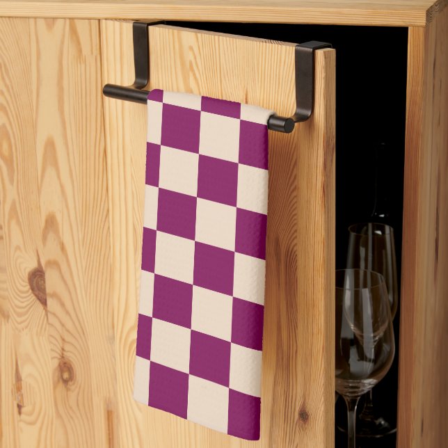 Maroon and beige chequerboard pattern tea towel (Thirds Fold)