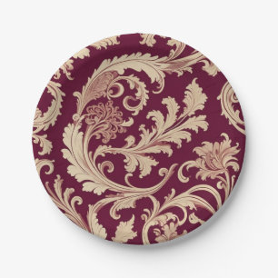 Maroon and Beige Vintage Pattern Paper Plate