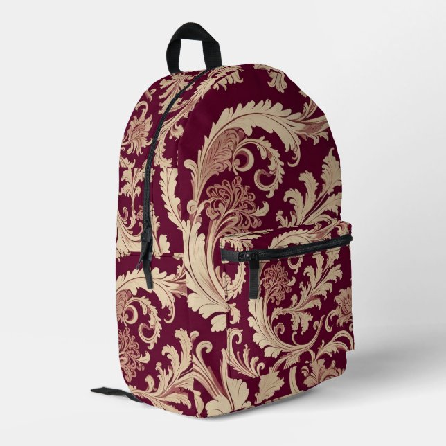 Maroon and Beige Vintage Pattern  Printed Backpack (Back Corner Left)