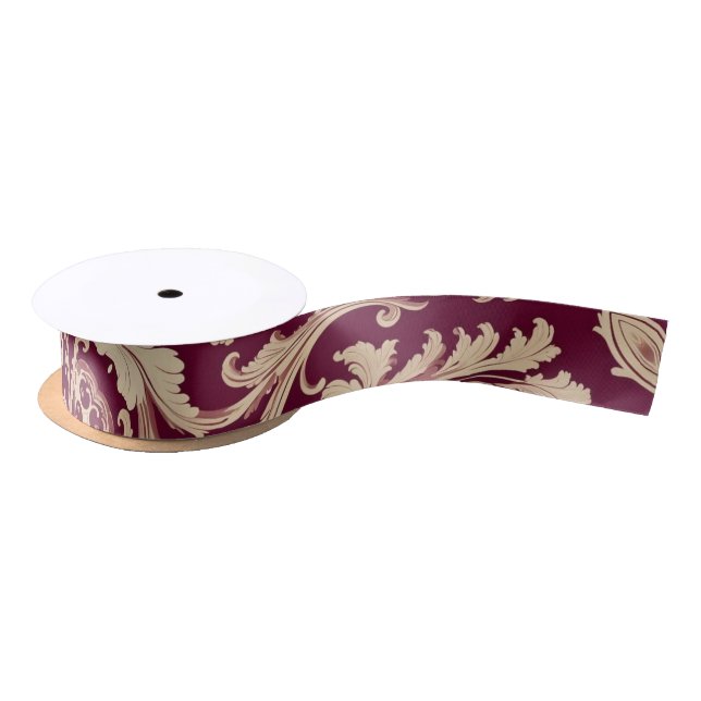 Maroon and Beige Vintage Pattern  Satin Ribbon (Spool)
