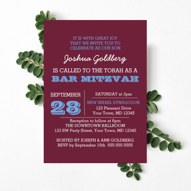Maroon and Blue Name Logo Bar Mitzvah Invitation (Creator Uploaded)