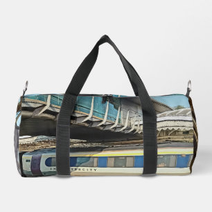 Maroon and cream train duffle bag