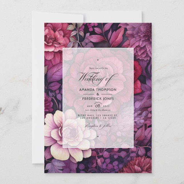 Maroon and Dark Purple Floral Fall Wedding Invitation (Front)