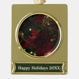 Maroon and Gold Christmas Tree Holiday Photo Gold  Plated Banner Ornament