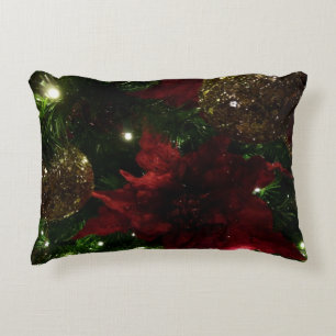 Maroon and Gold Christmas Tree I Holiday Photo Decorative Cushion