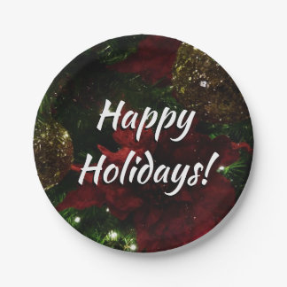 Maroon and Gold Christmas Tree I Holiday Photo Paper Plate