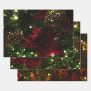 Maroon and Gold Christmas Tree I Holiday Photo Wrapping Paper Sheet