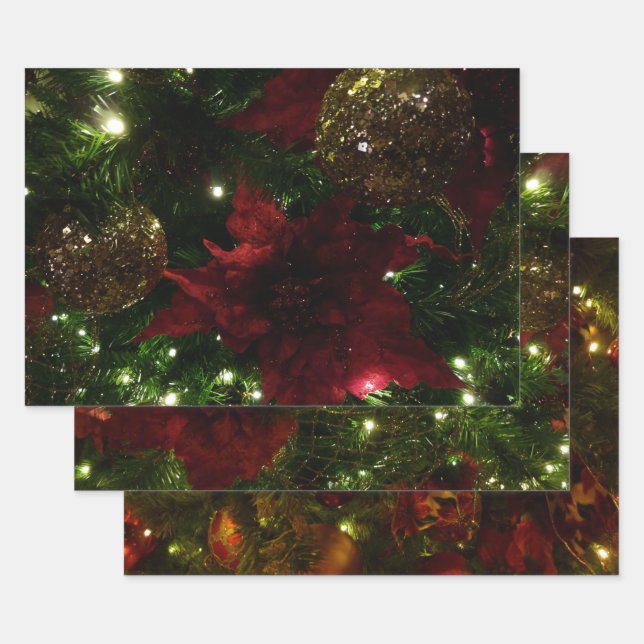 Maroon and Gold Christmas Tree I Holiday Photo Wrapping Paper Sheet (Set)