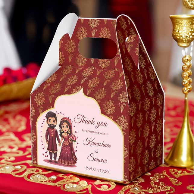 Maroon and gold cute Indian bridal couple cartoon Favour Box (Maroon and gold Indian wedding favors cute bridal couple cartoon personalized printed Favor Boxes)