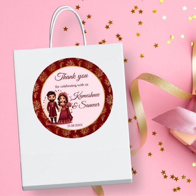 Maroon and gold cute Indian bridal couple favour Classic Round Sticker (Maroon and gold cute Indian bridal couple cartoon thank you favor Sticker Hindu wedding favors)