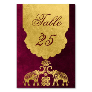 Maroon and gold elephants Indian wedding Table Number