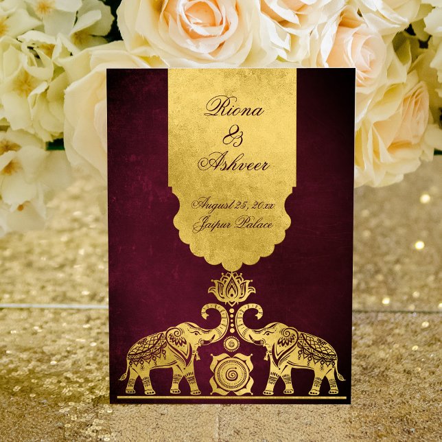 Maroon and gold elephants luxury Indian wedding  Invitation (Creator Uploaded)