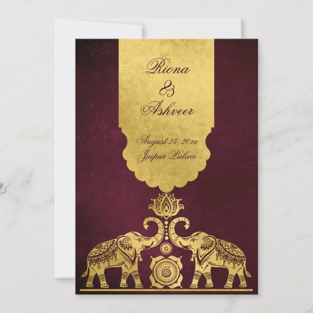 Maroon and gold elephants luxury Indian wedding  Invitation (Front)