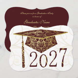 Maroon and Gold Floral Cap 2027 Graduation Party Invitation