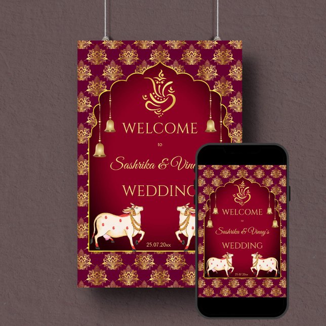 Maroon and gold Gomata wedding welcome sign (Indian wedding maroon and gold lotus welcome sign poster digital download gomata sacred cow Ganesha)