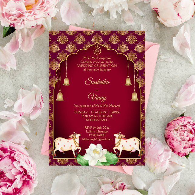 Maroon and gold Gomata white lotus wedding Invitation (Maroon and gold Gomata bell garlands white lotus Indian wedding invitation template instant downloa)