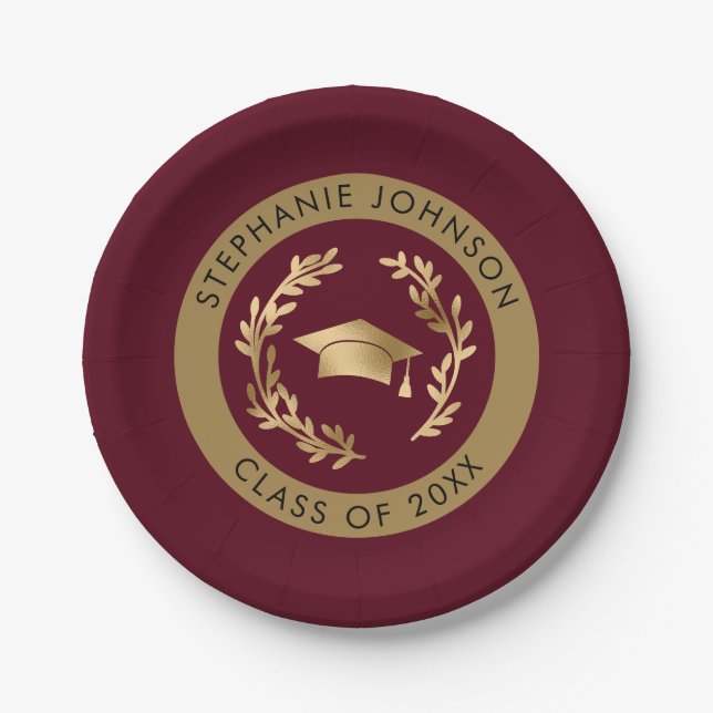 Maroon and Gold Grad Cap Class of 20XX Party Paper Plate (Front)
