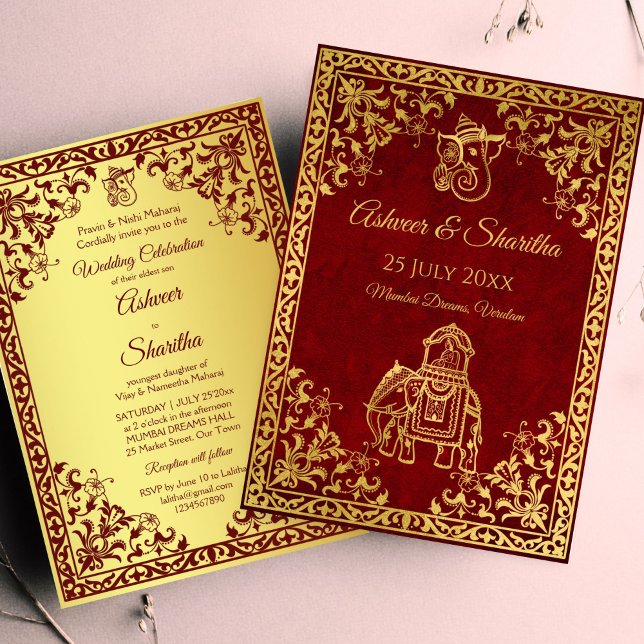 Maroon and gold Indian wedding elephant grooms Invitation (Maroon and gold Indian wedding elephant luxury grooms wedding Invitation template instant download)